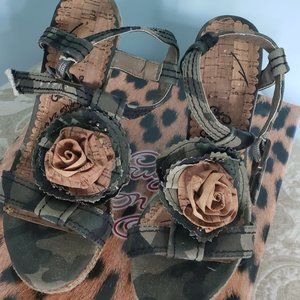 Naughty Monkey Camo Cork Wedge Sandals, Size 6.5